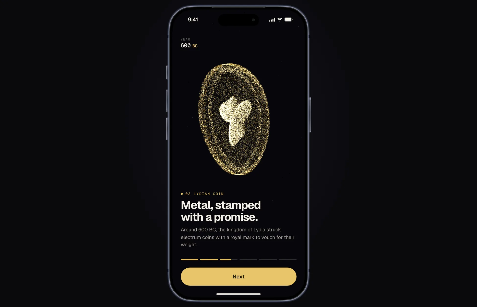 The Evolution of Money demo on a phone, with a cloud of golden particles