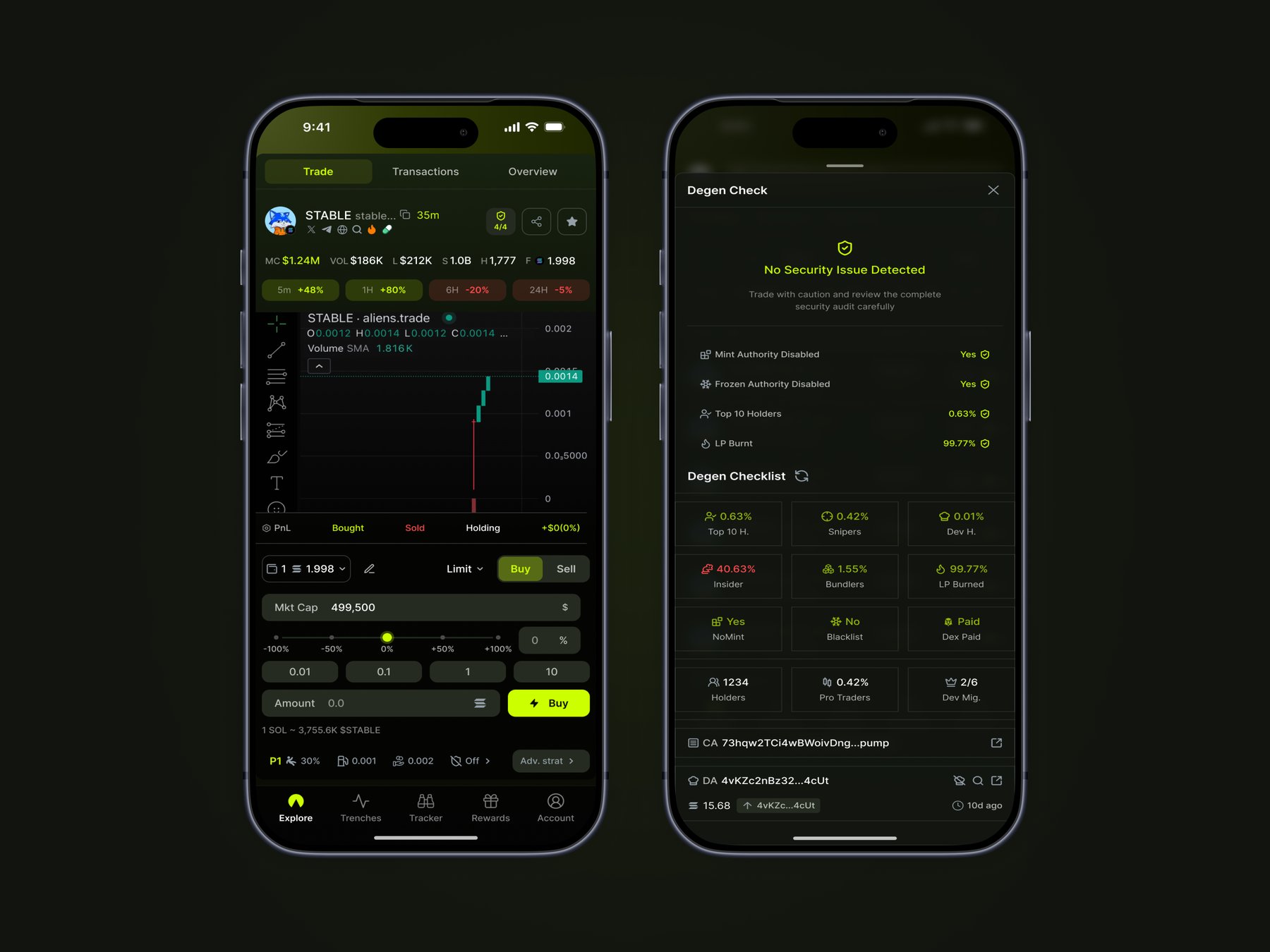 Mobile app screens for an on-chain trading terminal