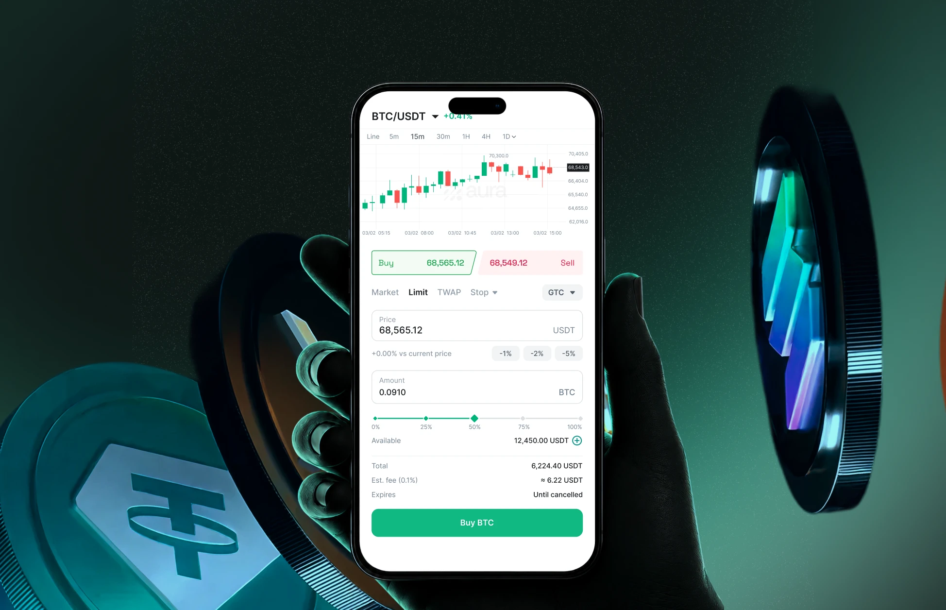 Spot trading order ticket on a phone, showing a BTC/USDT limit order with price, amount and Buy button