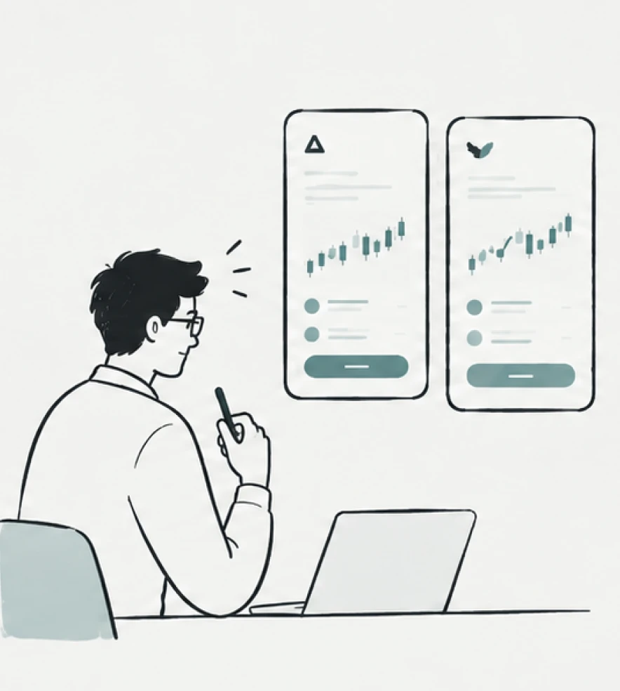 Illustration of a designer comparing two competitor trading apps side by side