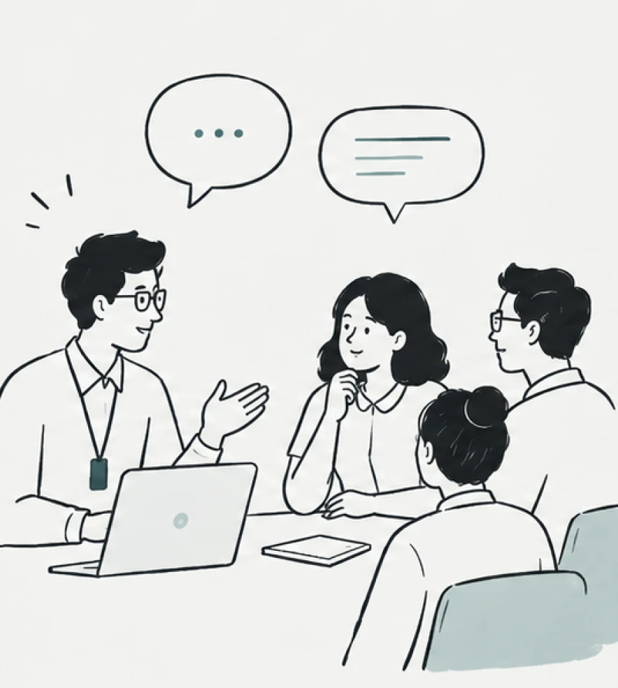 Illustration of a designer talking with relationship managers and the trading team around a table