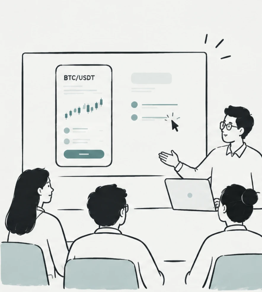 Illustration of a workshop where a designer presents a trading app prototype to a team