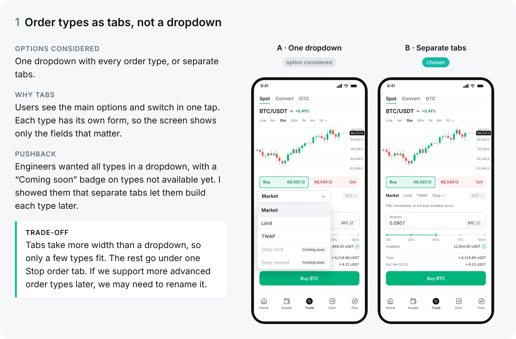 Decision 1, Order types as tabs, not a dropdown. Two phone screens compare option A, one dropdown (option considered), with option B, separate tabs (chosen).